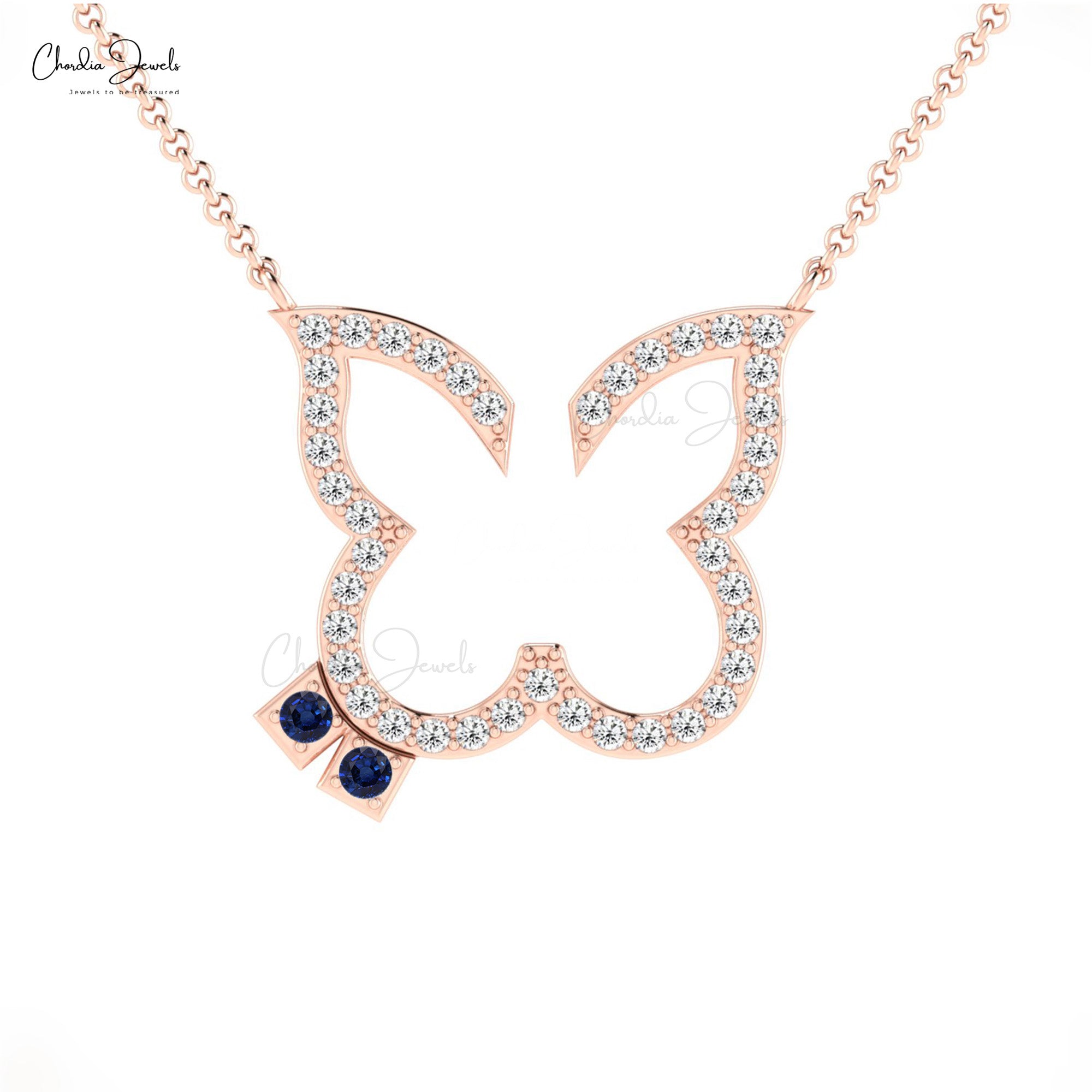 Real 14k Gold Butterfly Necklace With 0.06 Ct Blue Sapphire And Diamond Thin Chain Necklaces