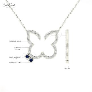 Real 14k Gold Butterfly Necklace With 0.06 Ct Blue Sapphire And Diamond Thin Chain Necklaces