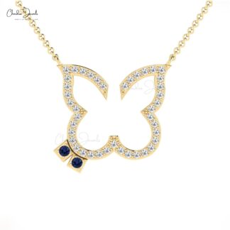 Real 14k Gold Butterfly Necklace With 0.06 Ct Blue Sapphire And Diamond Thin Chain Necklaces