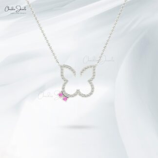 Diamond Papillon Necklace In 14k Solid Gold Pink Sapphire 1.5mm Gemstone Women Necklace