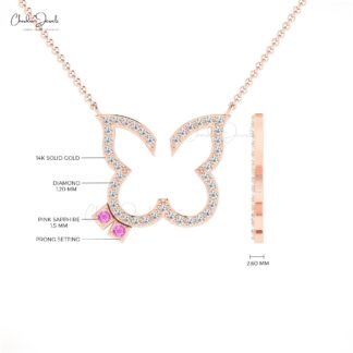 Diamond Papillon Necklace In 14k Solid Gold Pink Sapphire 1.5mm Gemstone Women Necklace
