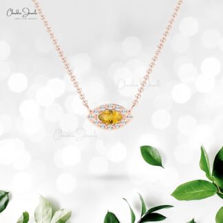 Solid 14k Gold Evil Eye Charm In 6x3mm Citrine Gemstone And Diamond Halo Necklace