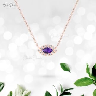 Dual Birthstone Halo Charm In Solid 14k Gold Amethyst And Diamond Evil Eye Necklaces