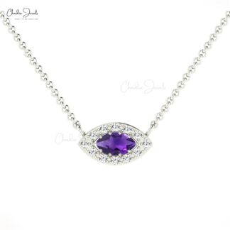 Dual Birthstone Halo Charm In Solid 14k Gold Amethyst And Diamond Evil Eye Necklaces