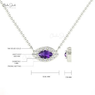 Dual Birthstone Halo Charm In Solid 14k Gold Amethyst And Diamond Evil Eye Necklaces