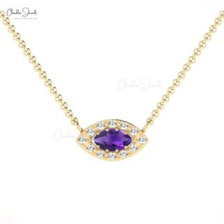 Dual Birthstone Halo Charm In Solid 14k Gold Amethyst And Diamond Evil Eye Necklaces