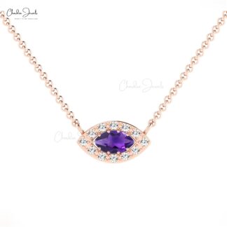 Dual Birthstone Halo Charm In Solid 14k Gold Amethyst And Diamond Evil Eye Necklaces