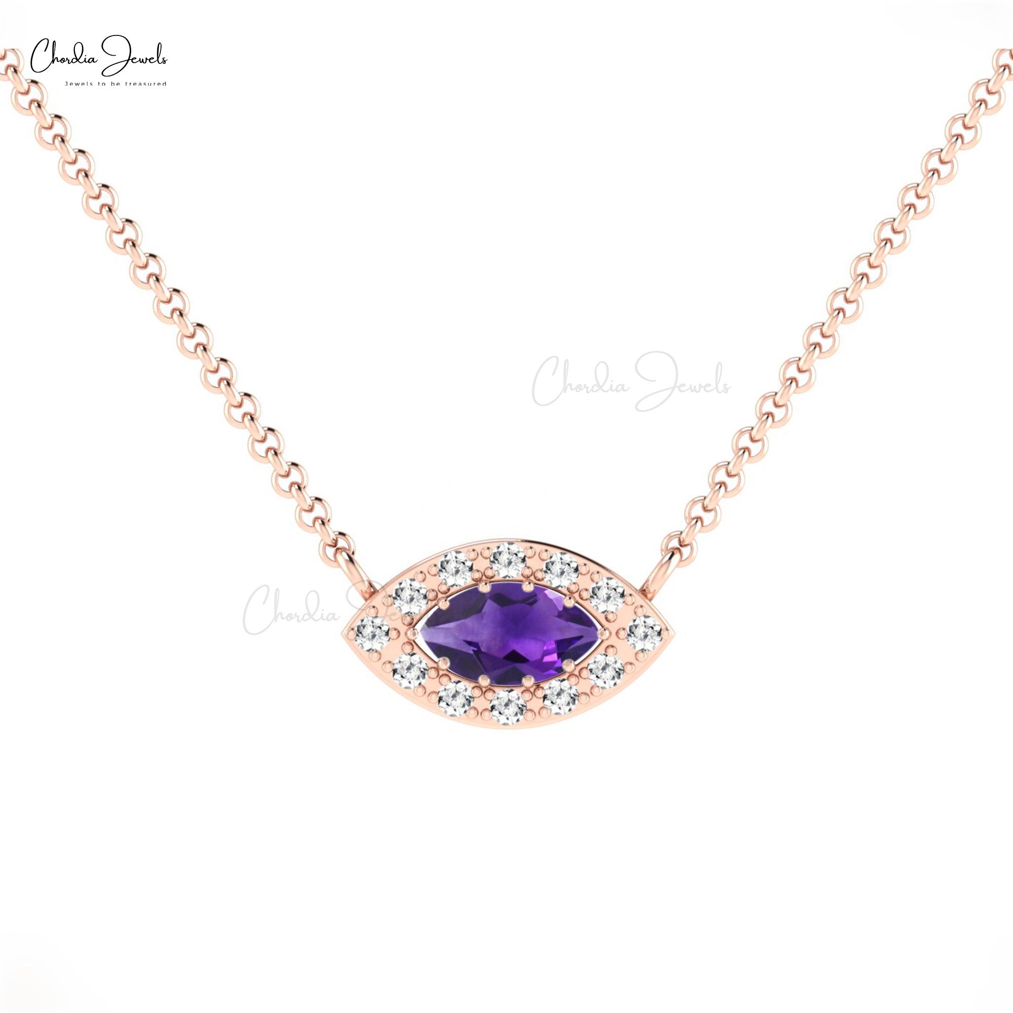 Dual Birthstone Halo Charm In Solid 14k Gold Amethyst And Diamond Evil Eye Necklaces