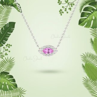 Evil Eye Halo Necklace With 0.2 Ct Pink Sapphire And Diamond Necklace In 14k Pure Gold