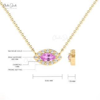 Evil Eye Halo Necklace With 0.2 Ct Pink Sapphire And Diamond Necklace In 14k Pure Gold