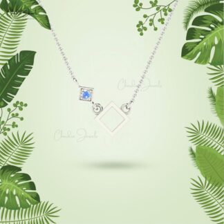 Single Rainbow Moonstone Open Square Necklace In 14k Real Gold Minimalist Jewelry