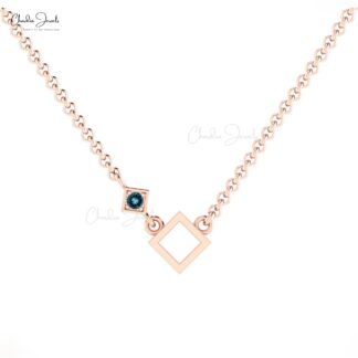 Pure 14k Gold Open Square Pendant With 2.5mm London Blue Topaz Gemstone Necklace