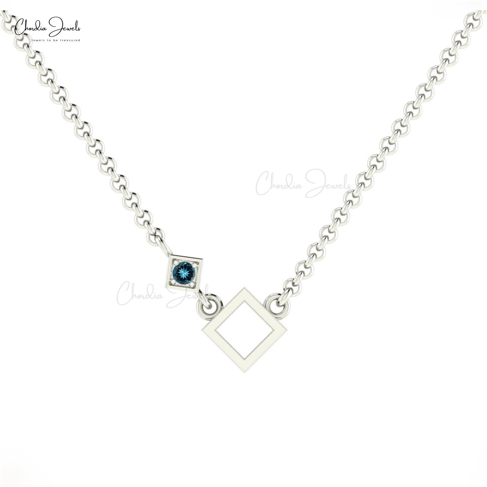 Pure 14k Gold Open Square Pendant With 2.5mm London Blue Topaz Gemstone Necklace