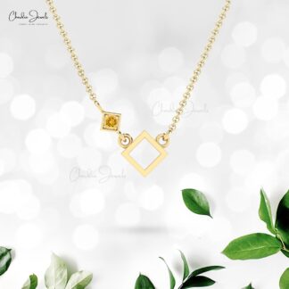 Genuine Citrine Solitaire Pendant In Solid 14k Gold Open Square Gemstone Fine Jewelry