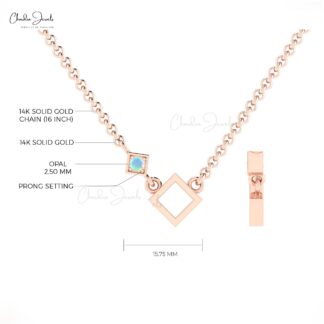 Real 14k Gold Open Square Charm With 2.5mm Fire Opal Solitaire Hallmarked Necklace