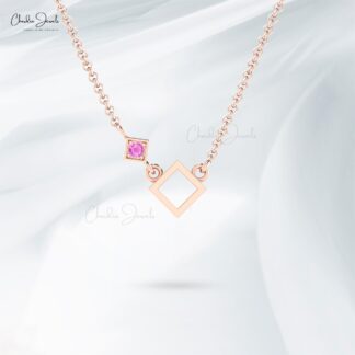 Solitaire Open Square Necklace With 0.06 Ct Pink Sapphire Pave Set In 14k Pure Gold Necklace