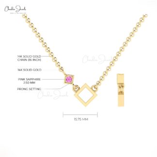 Solitaire Open Square Necklace With 0.06 Ct Pink Sapphire Pave Set In 14k Pure Gold Necklace