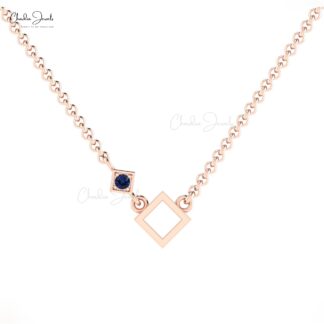 Brilliant Cut Blue Sapphire Chain Pendant In 14k Solid Gold Open Square Unique Necklace