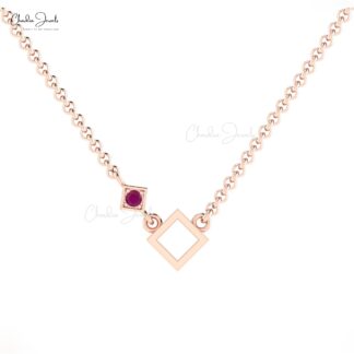 Dainty Gemstone Necklace In 14k Solid Gold Ruby 2.5mm Round Cut Open Square Necklaces