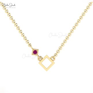 Dainty Gemstone Necklace In 14k Solid Gold Ruby 2.5mm Round Cut Open Square Necklaces