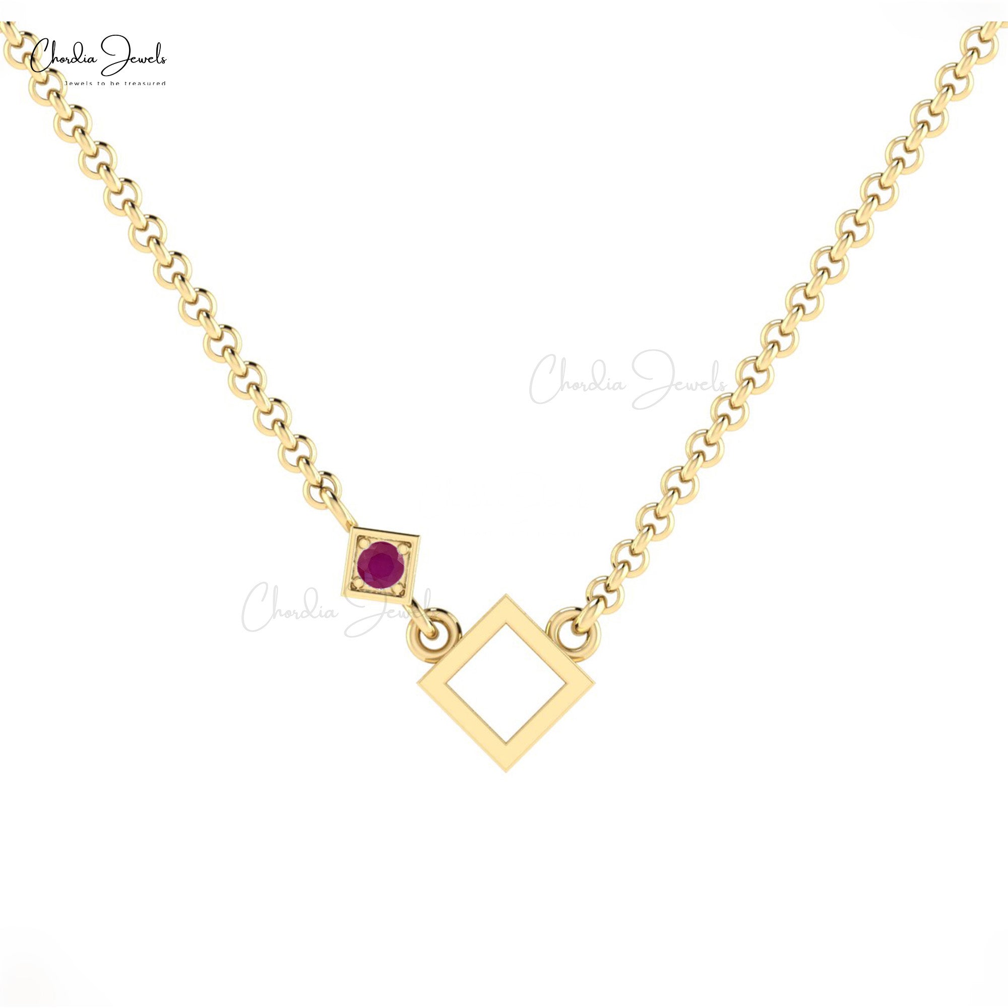 Dainty Gemstone Necklace In 14k Solid Gold Ruby 2.5mm Round Cut Open Square Necklaces