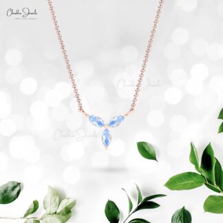 Real 14k Gold Marquise Necklace With 4x2mm Rainbow Moonstone 3 Stone Necklace For Mom