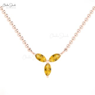 Cluster 3 Stone Chain Necklace With 0.66 Ct Citrine 14k Solid Gold Hallmarked Necklace
