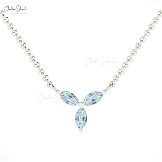 Three Gemstone Chain Necklace In Solid 14k Gold Aquamarine 3 Stone Women Necklace