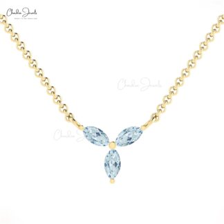Three Gemstone Chain Necklace In Solid 14k Gold Aquamarine 3 Stone Women Necklace