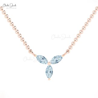 Three Gemstone Chain Necklace In Solid 14k Gold Aquamarine 3 Stone Women Necklace