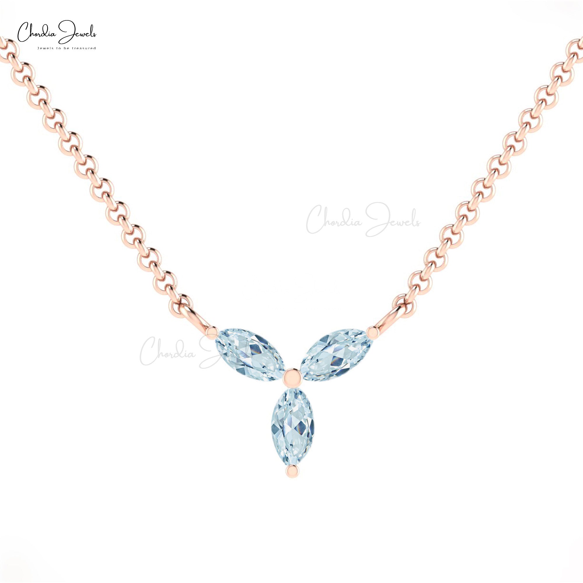 Three Gemstone Chain Necklace In Solid 14k Gold Aquamarine 3 Stone Women Necklace