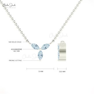 Three Gemstone Chain Necklace In Solid 14k Gold Aquamarine 3 Stone Women Necklace