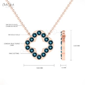 Clover Four Leaf Chain Necklace In 14k Real Gold London Blue Topaz 2mm Gemstone Jewelry