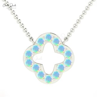 Genuine Fire Opal Four Leaf Necklace In 14k Solid Gold Gemstone Clover Jewelry For Her