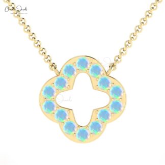 Genuine Fire Opal Four Leaf Necklace In 14k Solid Gold Gemstone Clover Jewelry For Her