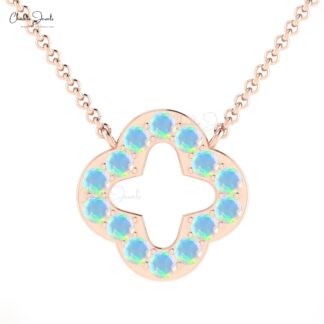 Genuine Fire Opal Four Leaf Necklace In 14k Solid Gold Gemstone Clover Jewelry For Her