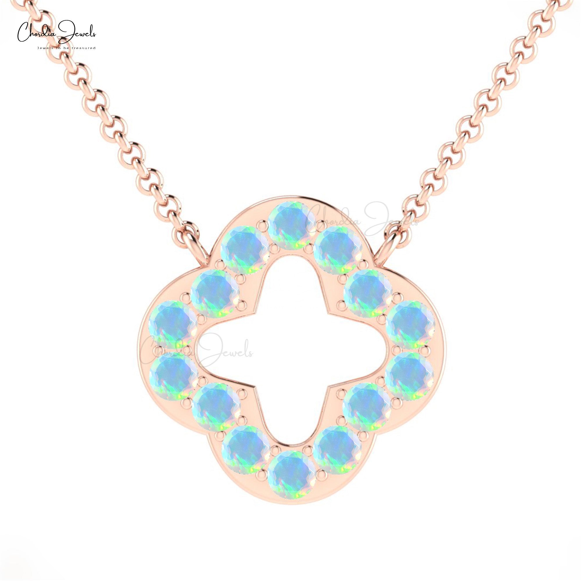Genuine Fire Opal Four Leaf Necklace In 14k Solid Gold Gemstone Clover Jewelry For Her