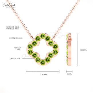 Delicate Open Clover Necklace With 0.70 Ct Peridot Pave Thin Chain Necklace In 14k Gold