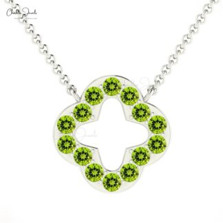Delicate Open Clover Necklace With 0.70 Ct Peridot Pave Thin Chain Necklace In 14k Gold