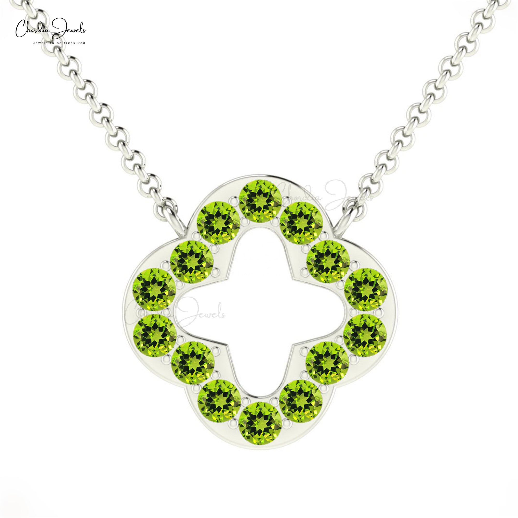 Delicate Open Clover Necklace With 0.70 Ct Peridot Pave Thin Chain Necklace In 14k Gold