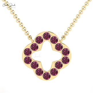 Dainty Gemstone Chain Necklace In 14k Pure Gold Rhodolite Garnet Open Clover Necklaces