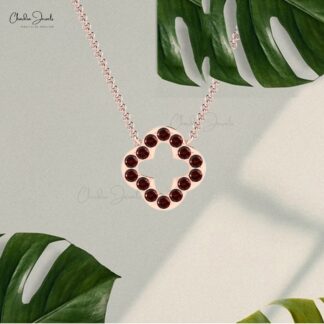 Natural Red Garnet Open Clover Necklace In Real 14k Gold Round Cut Hallmarked Necklaces