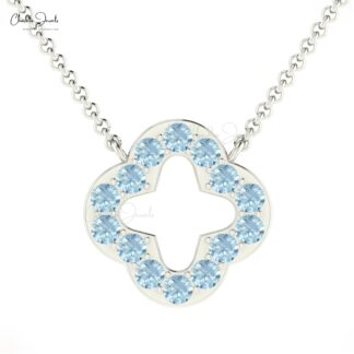 Gemstone Clover Necklace In 14k Real Gold Aquamarine March Birthstone Thin Chain Necklace