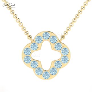 Gemstone Clover Necklace In 14k Real Gold Aquamarine March Birthstone Thin Chain Necklace