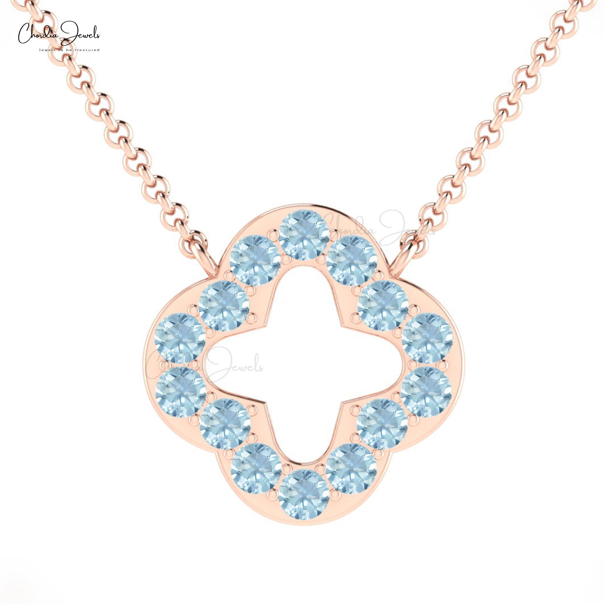 Gemstone Clover Necklace In 14k Real Gold Aquamarine March Birthstone Thin Chain Necklace