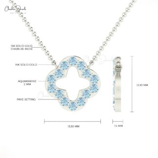 Gemstone Clover Necklace In 14k Real Gold Aquamarine March Birthstone Thin Chain Necklace