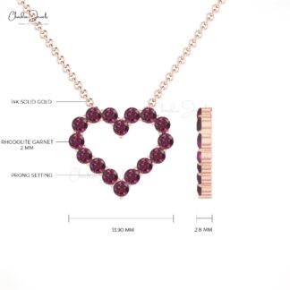 Dainty Gemstone Heart Necklace In Real 14k Gold Rhodolite Garnet Open Love Chain Necklaces