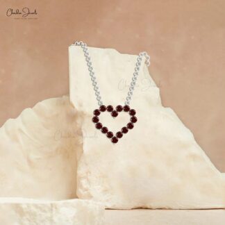 Round Cut Heart Shape Necklace In Real 14k Gold Red Garnet Gemstone Love Necklace For Wife