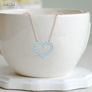Open Heart Gemstone Necklace In 14k Pure Gold Aquamarine Hallmarked Necklace For Her