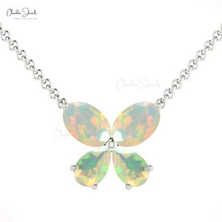 14k Solid Gold Natural Fire Opal Gemstone Butterfly Necklace For Love
